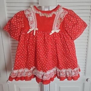 VTG Sears Red And White Baby Dress Ruffle Lace Short Sleeve Size Large 26-31 Lbs